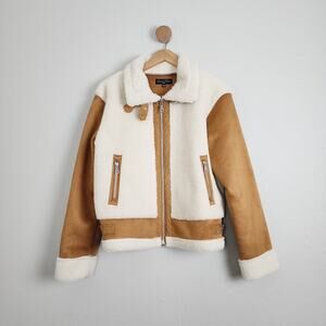 Love Tree Tan Faux Suede Sherpa Moto Jacket Aviator Biker Coat Camel Brown Large